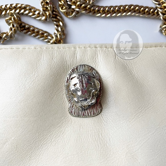 Vintage Ruth Saltz Shoulder Bag Retro 80s Eggshell Leather with Cougar Head - Picture 8 of 9